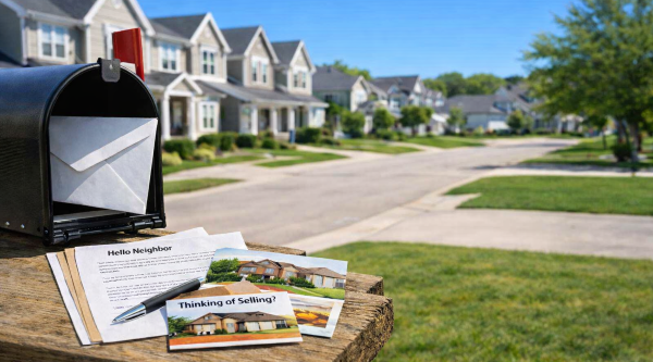 Real Estate Farming Introduction Letter – connecting with homeowners through personal mail real estate farming introduction letter materials beside mailbox at sunset in suburban neighborhood
